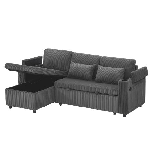 3 In 1 Convertible Corduroy Sofa Bed With Storage Chaise, L Shaped Sleeper Sofa Couches With Armrest Storage And Charging Station. Pullout Sectional Daybed For Living RoomBedroomOffice, Grey