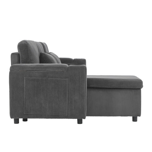 3 In 1 Convertible Corduroy Sofa Bed With Storage Chaise, L Shaped Sleeper Sofa Couches With Armrest Storage And Charging Station. Pullout Sectional Daybed For Living RoomBedroomOffice, Grey
