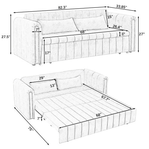3 In 1 Pull-Out Bed Sleeper, Modern Upholstered 3 Seats Lounge Sofa & Couches With Rolled Arms Decorated With Copper Nails , Convertible Futon 3 Seats Sofabed With Two Drawers And Two Pillows