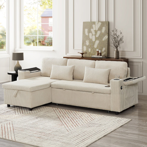 3 In 1 Convertible Corduroy Sofa Bed With Storage Chaise, L Shaped Sleeper Sofa Couches With Armrest Storage And Charging Station. Pullout Sectional Daybed For Living RoomBedroomOffice, Grey