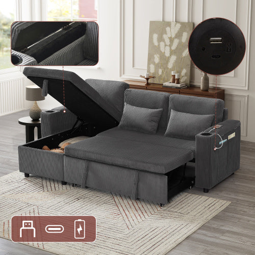 3 In 1 Convertible Corduroy Sofa Bed With Storage Chaise, L Shaped Sleeper Sofa Couches With Armrest Storage And Charging Station. Pullout Sectional Daybed For Living RoomBedroomOffice, Grey