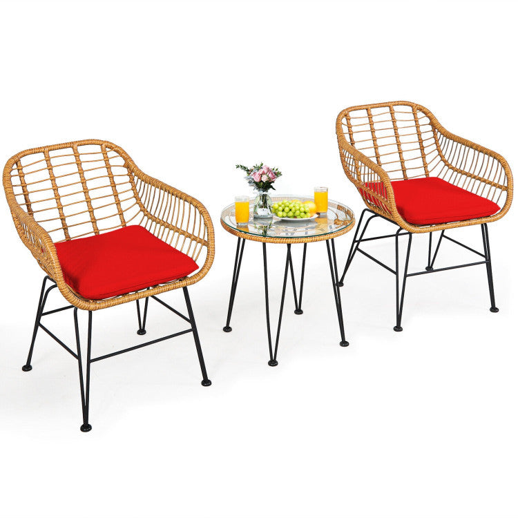 3 Pieces Rattan Furniture Set With Cushioned Chair Table