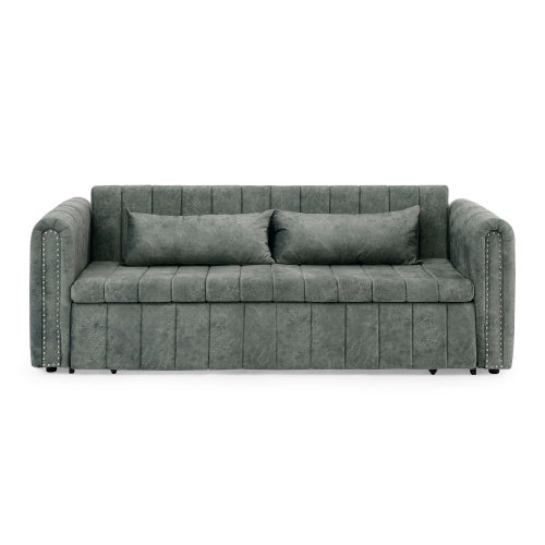 3 In 1 Pull-Out Bed Sleeper, Modern Upholstered 3 Seats Lounge Sofa & Couches With Rolled Arms Decorated With Copper Nails , Convertible Futon 3 Seats Sofabed With Two Drawers And Two Pillows