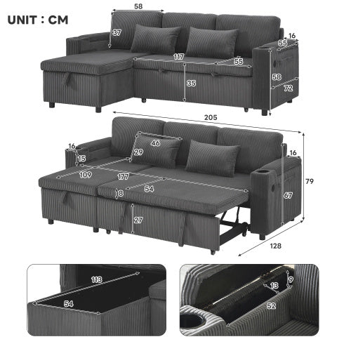 3 In 1 Convertible Corduroy Sofa Bed With Storage Chaise, L Shaped Sleeper Sofa Couches With Armrest Storage And Charging Station. Pullout Sectional Daybed For Living RoomBedroomOffice, Grey